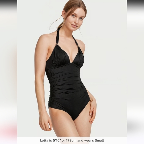 Victoria Secret Ruched Stomach Plunging Halter One Piece Swim Bathing Suit M - Picture 8 of 16